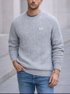 KITH Men’s Gray Cable Knit Crew Neck Sweater Size Large 36300